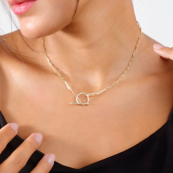 18k Gold Link Chain Necklace, Paperclip Chain Necklace, Everyday Handmade Layering Chain Necklace with Sailor Clasp, Layering Chain Jewelry