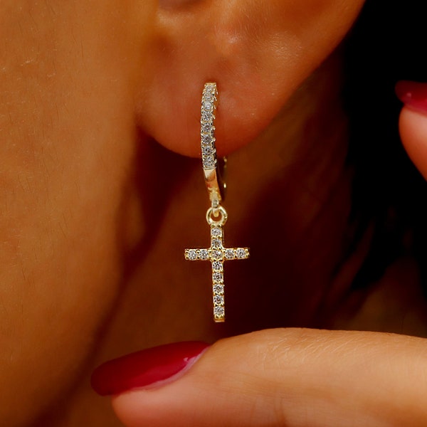 14K Gold Filled Diamond Cross Huggie Hoop Earrings | Pave CZ Diamond Christian Cross Dangle Earrings