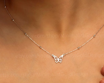Minimalist Butterfly Necklace: Sterling Silver Beaded Chain