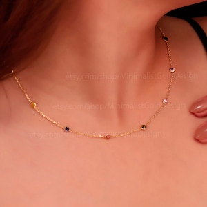 Multi Station Rainbow Necklace, Crystal Gemstone Necklace, Colorful Dainty Chain, 925 Sterling Silver 14K gold and Rose, Birthstone Jewelry