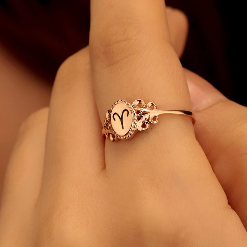 Rose Gold Zodiac Sign Signet Ring for Women | 14K Gold Astrology Horoscope Ring | Engraved Zodiac Jewelry Gifts in Sterling Silver