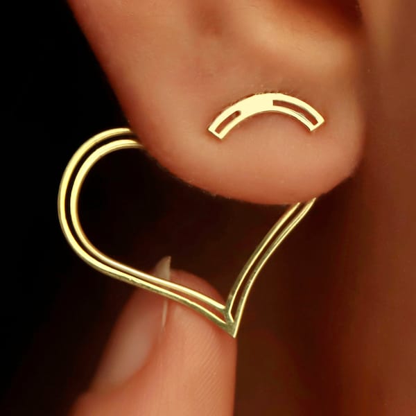 Ear Jackets Heart Special Design in 14K Gold | Modern Minimalist Earrings | Love Jewelry Gifts for Women
