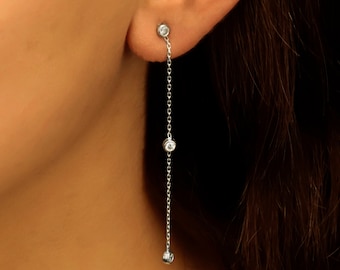 longue chaîne pendantes avec diamants CZ pour femme en argent sterling | Boucles d'oreilles de mariée | Cadeaux pour elle