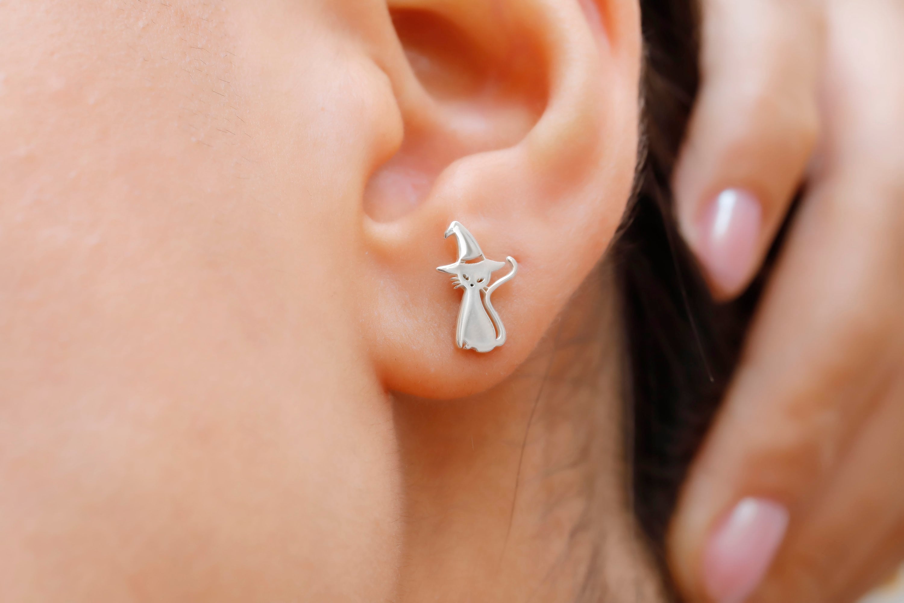 Halloween Earrings, Stud Earrings, Witch Cat Earrings, Cat Stud Earrings, Tiny Cat Studs, Minimalist Earrings, Cat Lover Gift Halloween Gift