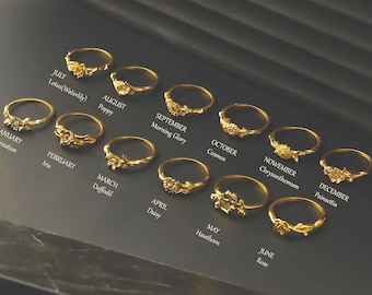Födelseblomsring i sterlingsilver: Anpassad guldblommig uttalandering