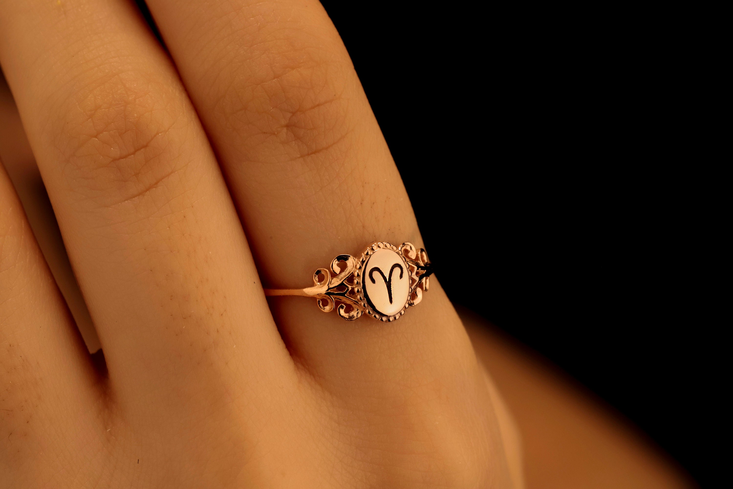 Rose Gold Zodiac Sign Signet Ring for Women | 14K Gold Astrology Horoscope Ring | Engraved Zodiac Jewelry Gifts in Sterling Silver