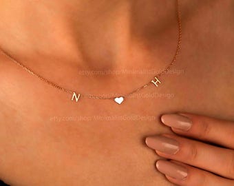 Personalized Initial Heart Necklace, 14K Gold Filled Sterling Silver, Custom Letter Pendant Gift for Her