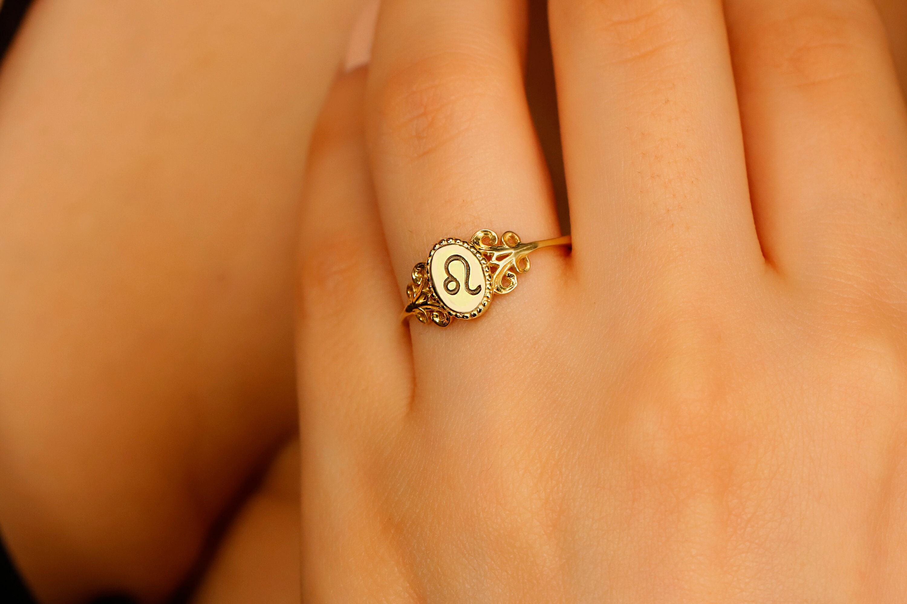 Rose Gold Zodiac Sign Signet Ring for Women | 14K Gold Astrology Horoscope Ring | Engraved Zodiac Jewelry Gifts in Sterling Silver
