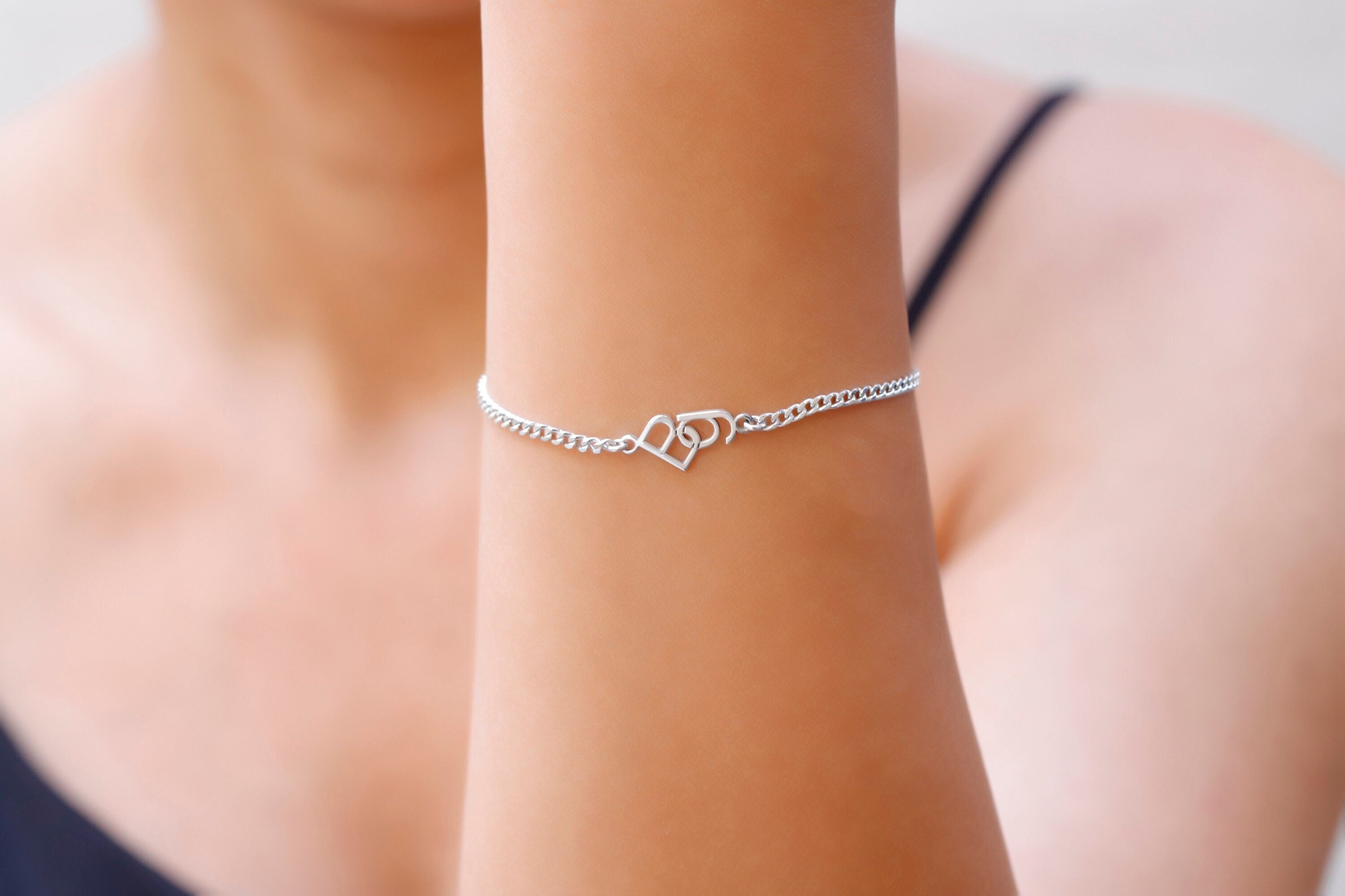 Heart Initial Bracelet for Women Hypoallergenic Letter H Bracelet 925 Sterling Silver Link Chain, Women's, Size: One Size