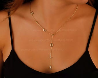 14K Gold Name Necklace, Lariat Y Necklace, Long Drop Necklace, Initial Letter Necklace, Custom Necklace, Personalize Jewelry Gift Her Women