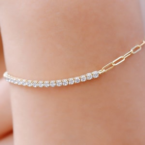 Half Tennis Half Link Chain Bracelet, Dainty CZ White Diamond Paperclip Chain combined with Link Chain Jewelry in Silver, Gold and Rose