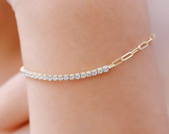 Half Tennis Half Link Chain Bracelet, Dainty CZ White Diamond Paperclip Chain combined with Link Chain Jewelry in Silver, Gold and Rose