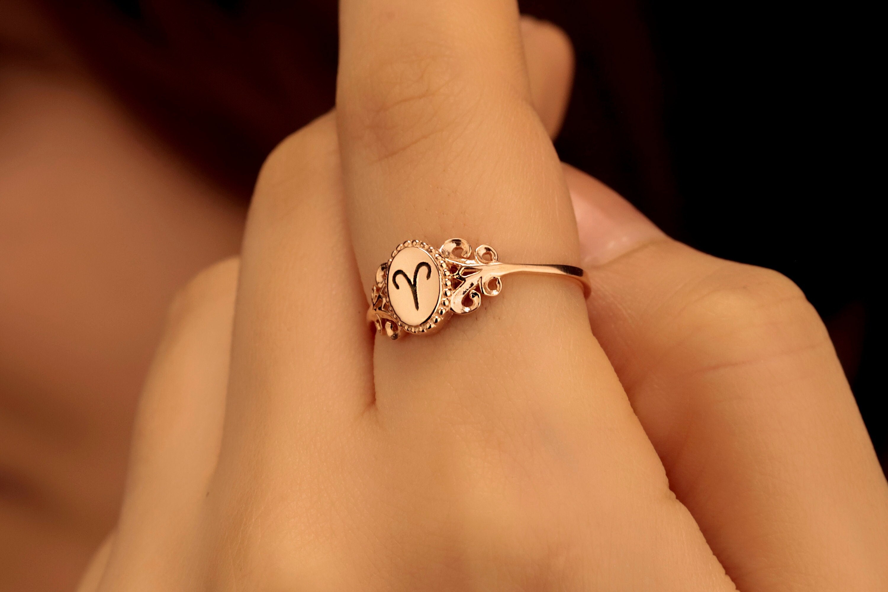 Rose Gold Zodiac Sign Signet Ring for Women | 14K Gold Astrology Horoscope Ring | Engraved Zodiac Jewelry Gifts in Sterling Silver
