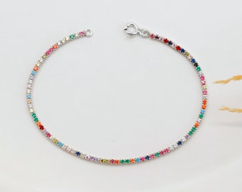 Dainty Rainbow CZ Tennis Bracelet: 14k Gold Plated Sterling Silver