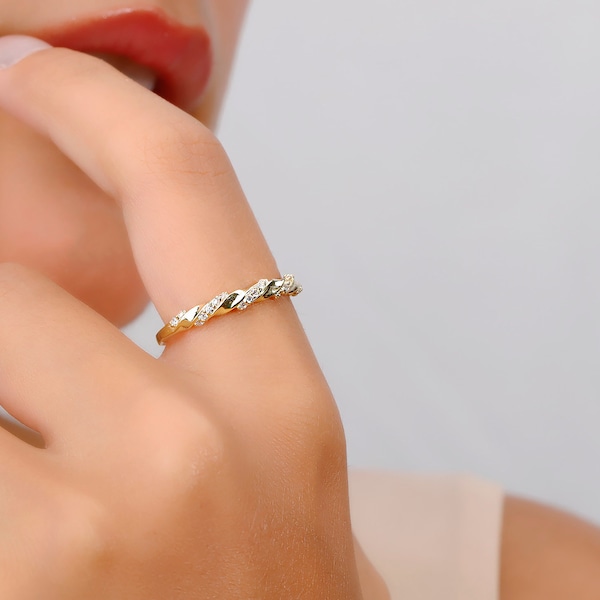 Pave Diamond Pinky Stacking Ring, Twisted Rope Ring, Dainty Gold Filled Stackable Ring, Rings for Women