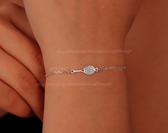 Dainty Tennis Racket Charm Bracelet, Sterling Silver Sports Jewelry, Tennis Gift for Her