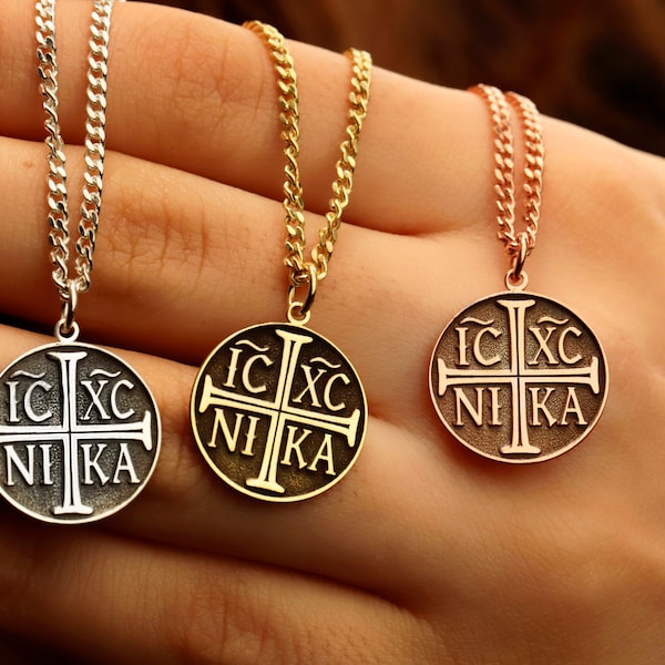 Christian Eastern Orthodox Cross Engraved Disc Necklace with Curb Chain, IC XC NIKA Religious Charm | Christian Cross Jewelry | Baptism Gift