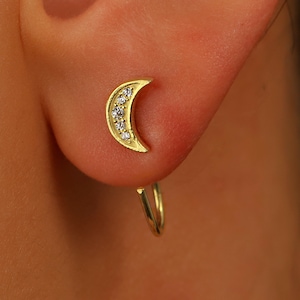 Tiny Crescent Moon Huggie Hoop Earrings • Open Huggie Hoop  • Line Earrings • Ear Hugger •  Half Hoop Earrings • Pull Through Earrings