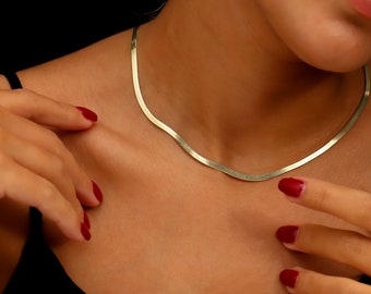 Dainty Herringbone Necklace, Gold Snake Layered Choker Necklace, Flex Layering Chain, Italian Necklace, Flat Snake Chain