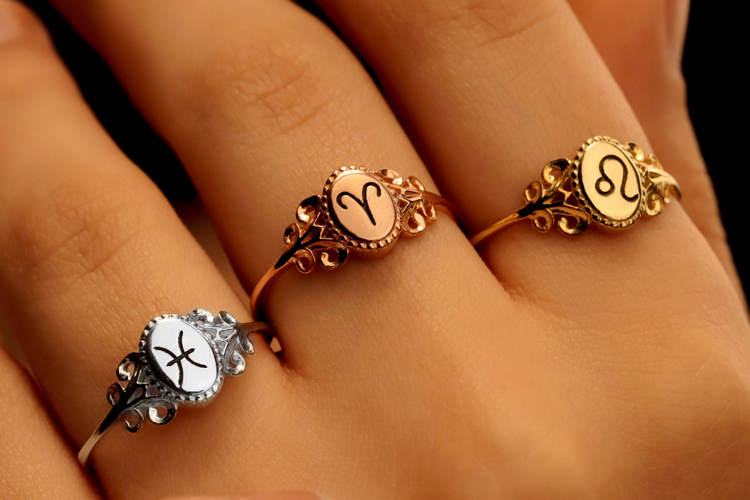 Rose Gold Zodiac Sign Signet Ring for Women | 14K Gold Astrology Horoscope Ring | Engraved Zodiac Jewelry Gifts in Sterling Silver
