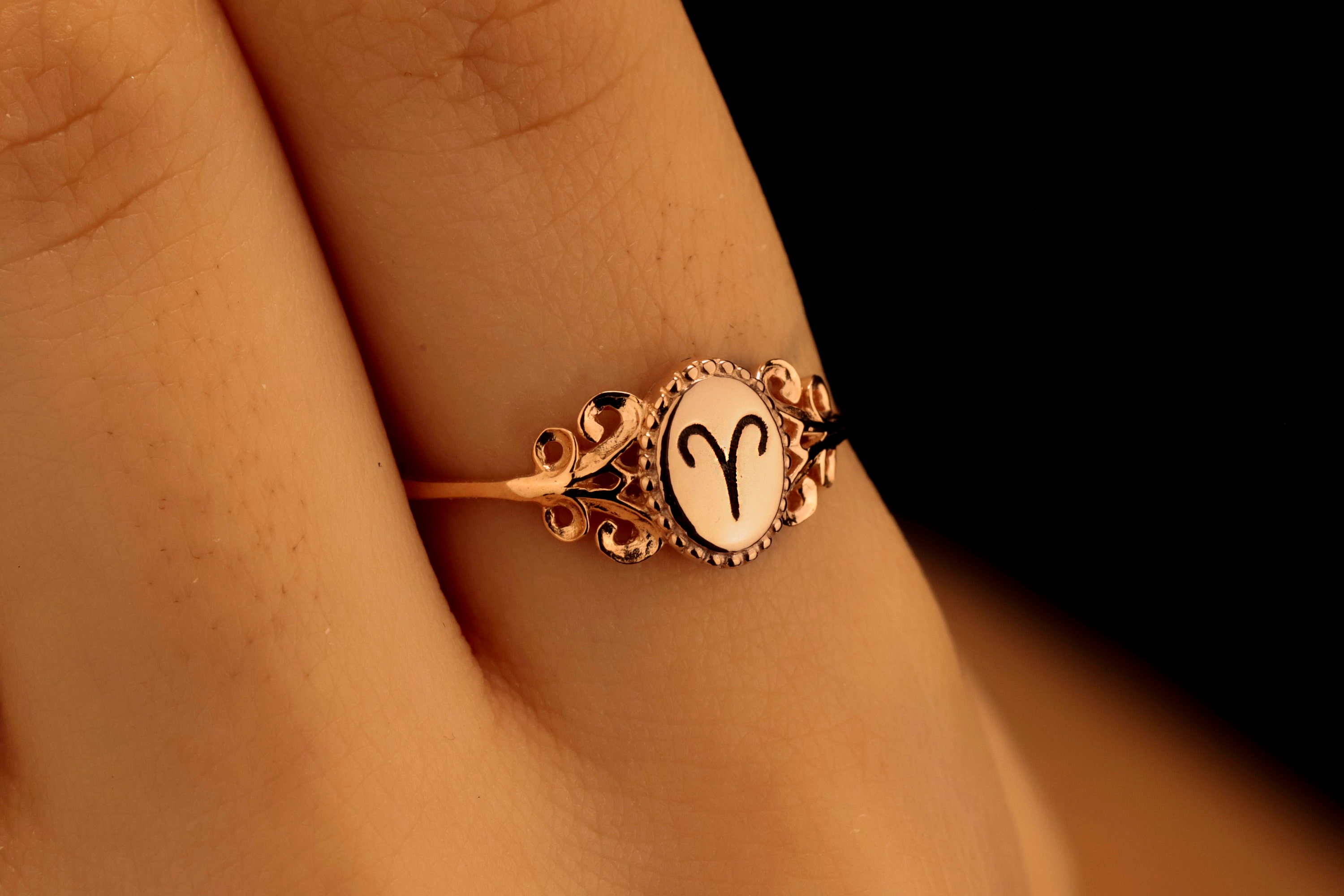 Rose Gold Zodiac Sign Signet Ring for Women | 14K Gold Astrology Horoscope Ring | Engraved Zodiac Jewelry Gifts in Sterling Silver