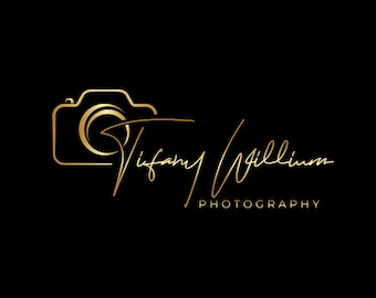 May include: A gold outline of a camera with a lens and the text "Tiffany Gilliam PHOTOGRAPHY" in a handwritten script font.