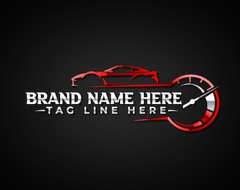 May include: A red car silhouette with a silver speedometer and the text "BRAND NAME HERE -TAG LINE HERE-"