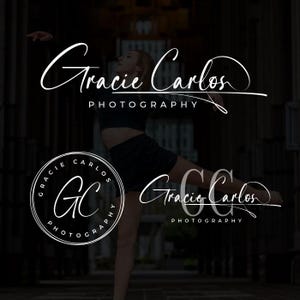 May include: A logo design for Gracie Carlos Photography featuring white cursive script text and a circular emblem with the initials GC. The design includes the text Gracie Carlos Photography in a flowing font style, layered over a dark background.