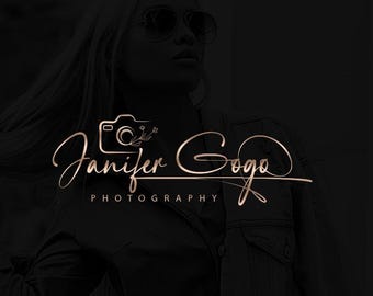 May include: Rose gold logo for "Janifer Goga Photography" featuring a camera icon with floral accents. The logo is in a cursive font, with the word "Photography" below. The background is a dark, blurred image of a person wearing sunglasses.