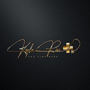 May include: Gold signature with the name Kayla Rose and a plus sign with a circle around it. The text "TAGLINE HERE" is below the signature.