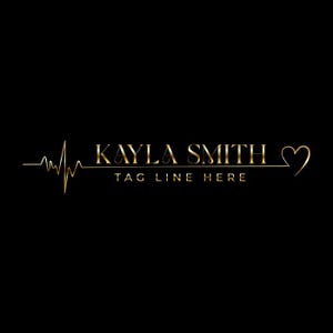 May include: A gold logo on a black backdrop. The logo reads "KAYLA SMITH" in a serif font, with a tagline underneath. A heartbeat line and a heart shape are also incorporated into the design.