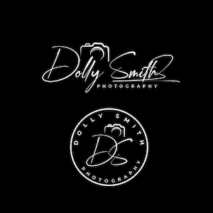 May include: A white logo with the text "Dolly Smith Photography" in a cursive font. A camera icon is incorporated into the "D" of Dolly. The logo is also displayed in a circle with the text "Dolly Smith Photography" around the outside.