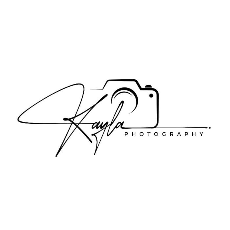 May include: A black line art logo featuring the name Kayla in a cursive script font integrated with a minimalist camera outline. The word PHOTOGRAPHY is printed in a clean sans-serif font underneath the camera body on the right side.