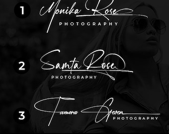 May include: Three different styles of handwritten signature logos for photography businesses. The first logo says "Monika Rose Photography", the second says "Samta Rose Photography", and the third says "Camera Steven Photography".