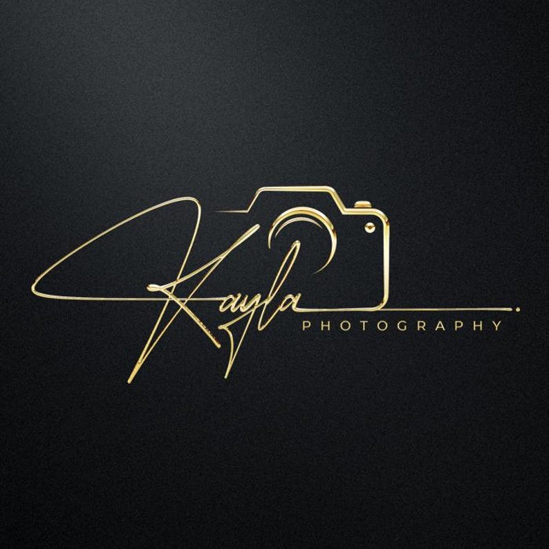 May include: A gold-colored logo design on a black background featuring a stylized camera outline integrated with the cursive script name Kayla and the word PHOTOGRAPHY printed in a clean, sans-serif font below the camera body and text.