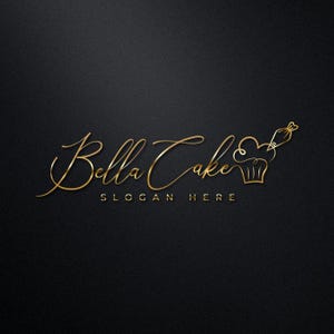 May include: Gold script logo for "Bella Cake" with a cupcake and piping bag illustration. The words "SLOGAN HERE" are below the name. The design is set against a textured black background.