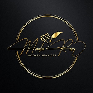 Può includere: Logo dorato con un cerchio e una firma a mano che dice "Monika Rose Notary Services". All'interno del cerchio c'è un'icona di penna e carta.