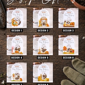 May include: A collection of eight arched white paper tags featuring Thanksgiving-themed illustrations and text. Each tag displays a unique seasonal graphic, such as a cornucopia, autumn foliage, or a turkey, alongside the printed text Happy Thanksgiving.