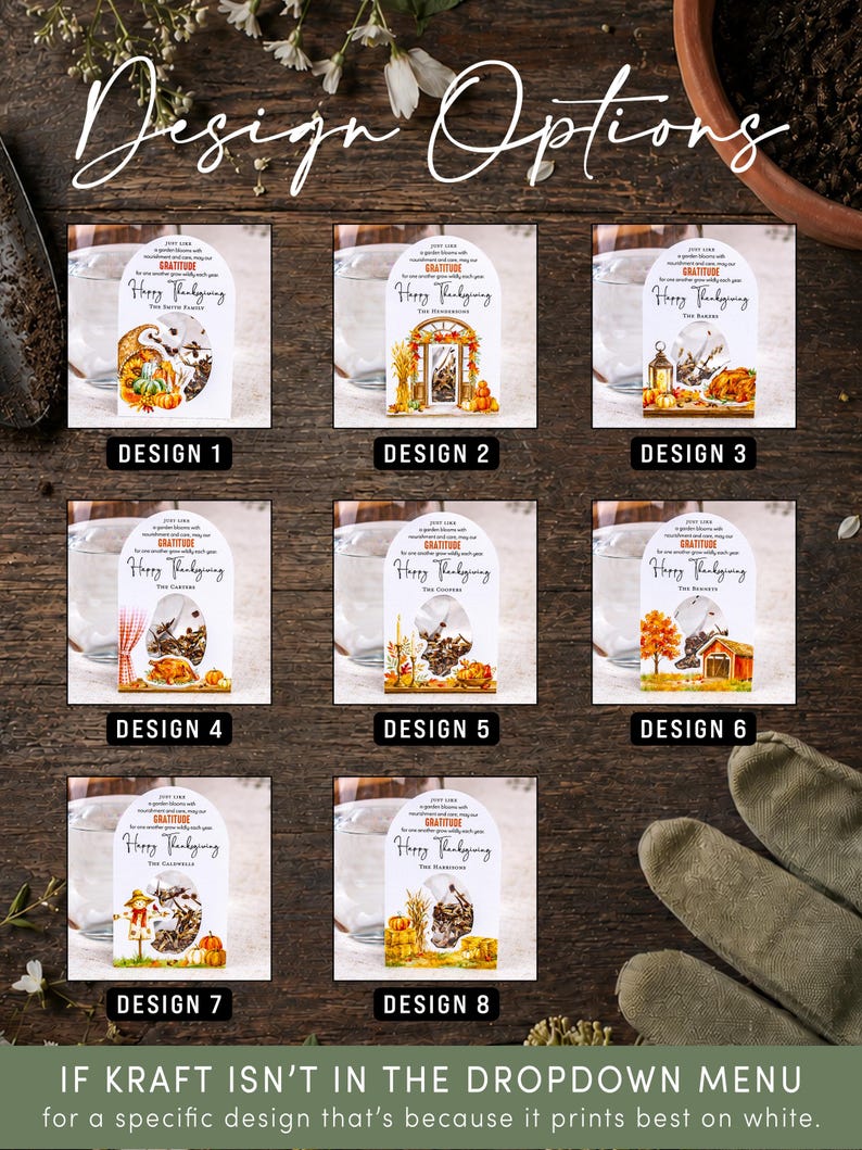 May include: A collection of eight arched white paper tags featuring Thanksgiving-themed illustrations and text. Each tag displays a unique seasonal graphic, such as a cornucopia, autumn foliage, or a turkey, alongside the printed text Happy Thanksgiving.