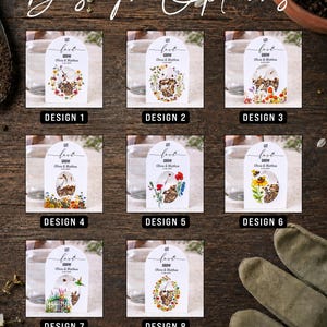 May include: A collection of eight white arched seed packet favors labeled Design 1 through 8. Each packet features the text Let love grow, Olivia & Matthew, and a date, with unique floral or nature illustrations surrounding a central oval cutout.