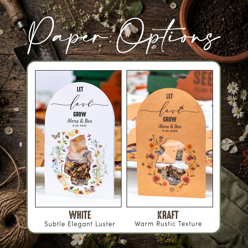 May include: Two arched seed packets with a cutout window showing seeds. The white packet features colorful floral illustrations and the text "LET love GROW Alena & Ben 4.26.2025". The kraft packet features similar floral art and "LET love GROW Alena & Ben 4.22.2025".