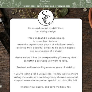 May include: A white rectangular informational sign with black text titled So Chic Seed Boutique. The text describes hand-assembled die-cut packaging for wildflower seeds, noting features like professional heat sealing, non-GMO status, and open-pollinated seeds for all USDA zones. The design includes a central SC logo and mentions the brand as seen on TheKnot.com, TasteofHome.com, and PureWow.com.