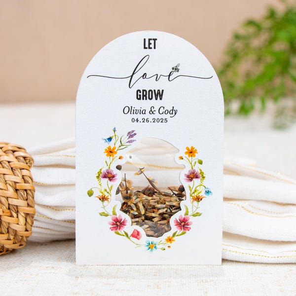 LET LOVE GROW Recuerdos de boda: Paquetes de semillas de flores silvestres • Ecológicos • Personalizados • Sostenibles • A medida • ShakerSeeds® - 120 unidades
