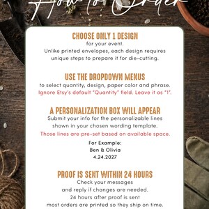 May include: An informational graphic with the heading How to Order in white script. The text provides instructions for selecting designs, using dropdown menus, submitting personalization details, and the 24-hour proofing process for custom orders.