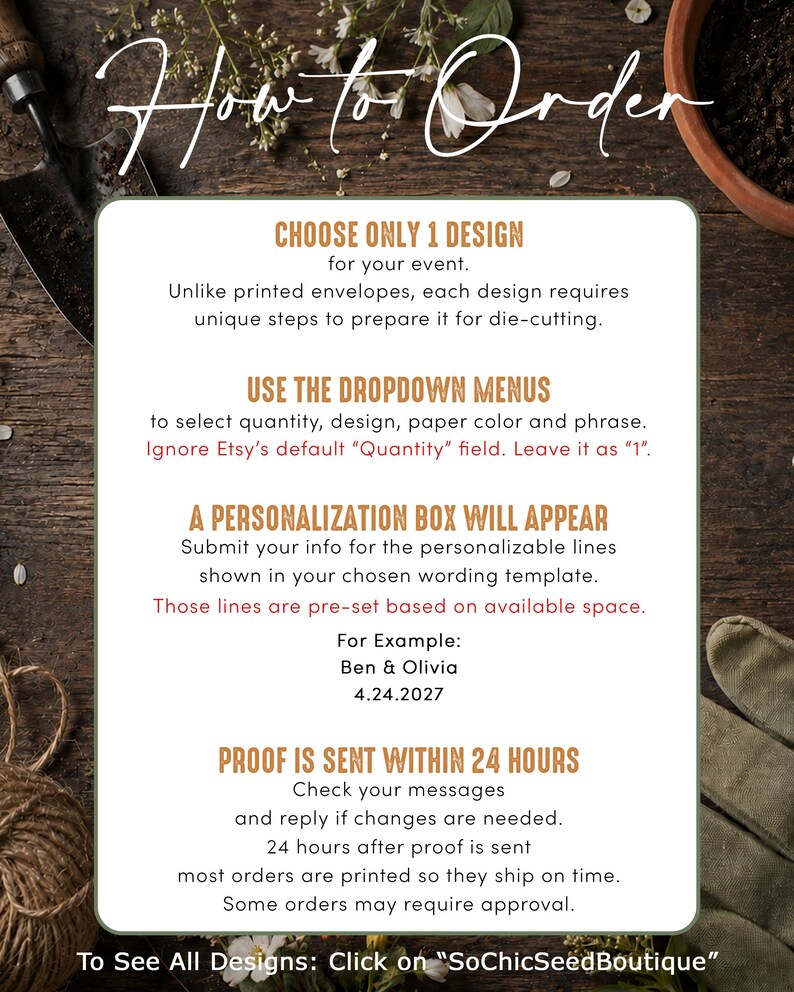 May include: An informational graphic with the heading How to Order in white script. The text provides instructions for selecting designs, using dropdown menus, submitting personalization details, and the 24-hour proofing process for custom orders.