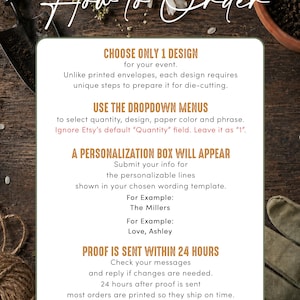 May include: A white informational sign with dark green borders featuring the text How to Order, Choose Only 1 Design, Use the Dropdown Menus, A Personalization Box Will Appear, Proof is Sent Within 24 Hours, and To See All Designs Click on SoChicSeedBoutique.