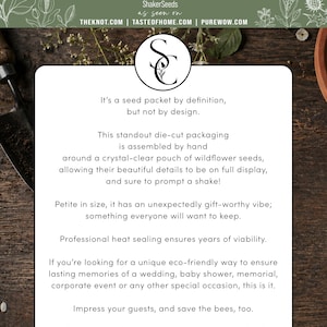 May include: A white informational card with black text titled So Chic Seed Boutique Home of the Original ShakerSeeds. The text describes die-cut packaging for wildflower seeds, mentioning hand assembly, heat sealing, and non-GMO, open-pollinated seeds.