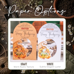 May include: Two arched seed packet cards, one kraft brown and one white, featuring a cornucopia illustration with pumpkins and sunflowers. Text reads: Just like a garden blooms with nourishment and care, may our GRATITUDE for one another grow wildly each year. Happy Thanksgiving, The Millers.