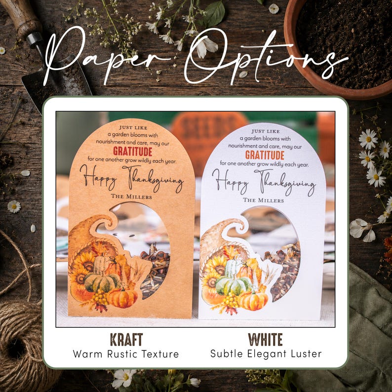 May include: Two arched seed packet cards, one kraft brown and one white, featuring a cornucopia illustration with pumpkins and sunflowers. Text reads: Just like a garden blooms with nourishment and care, may our GRATITUDE for one another grow wildly each year. Happy Thanksgiving, The Millers.