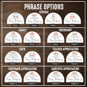 May include: A collection of sixteen semi-circular white labels featuring various Thanksgiving and appreciation phrases in black and orange text. Each label includes a personalized name or business title, categorized by themes like family, friendship, and faith.